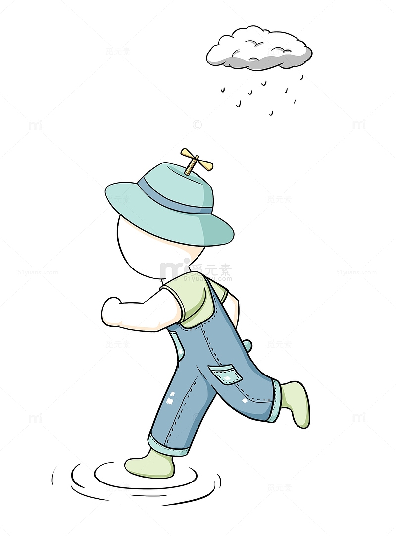 下雨戴帽子奔跑踩水的小孩安全防范卡通手绘