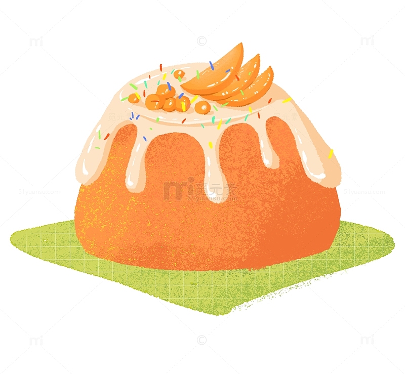 黄色手绘卡通肌理效果甜品水果慕斯蛋糕