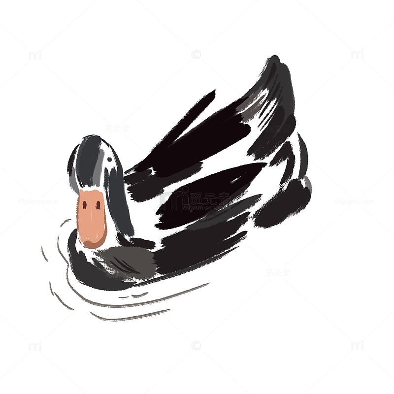 黑白小清新水墨风手绘鸭子png元素