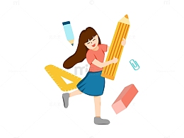 开学季女孩拿铅笔人物元素素材