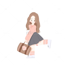 手绘可爱女孩学生拿书包上学扁平人物