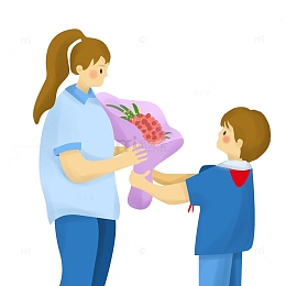 教师节老师带红领巾学生花束手绘