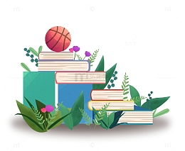 开学季手绘卡通书本植物校园场景素材