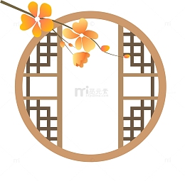 古风窗户枝头花装饰矢量插图