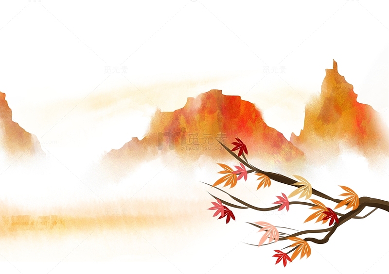 秋天红色山峦枫叶手绘图