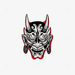 黑色灰色手绘恐怖般若面具中元节妖魔鬼怪