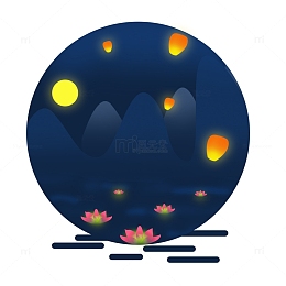 深蓝色月亮孔明灯花灯中元节手绘