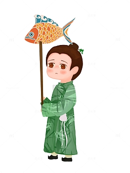 绿色可爱鱼灯男孩七夕手绘元素