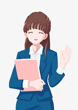 蓝色小清新西装女孩拿书招手微笑手绘