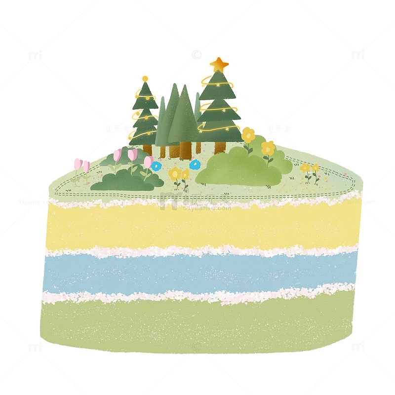 手绘三色甜点绿色森系蛋糕树林花丛食物贴纸