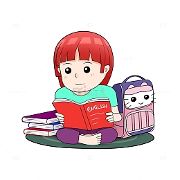 手绘开学小女孩坐着看书