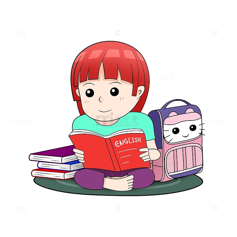手绘开学小女孩坐着看书