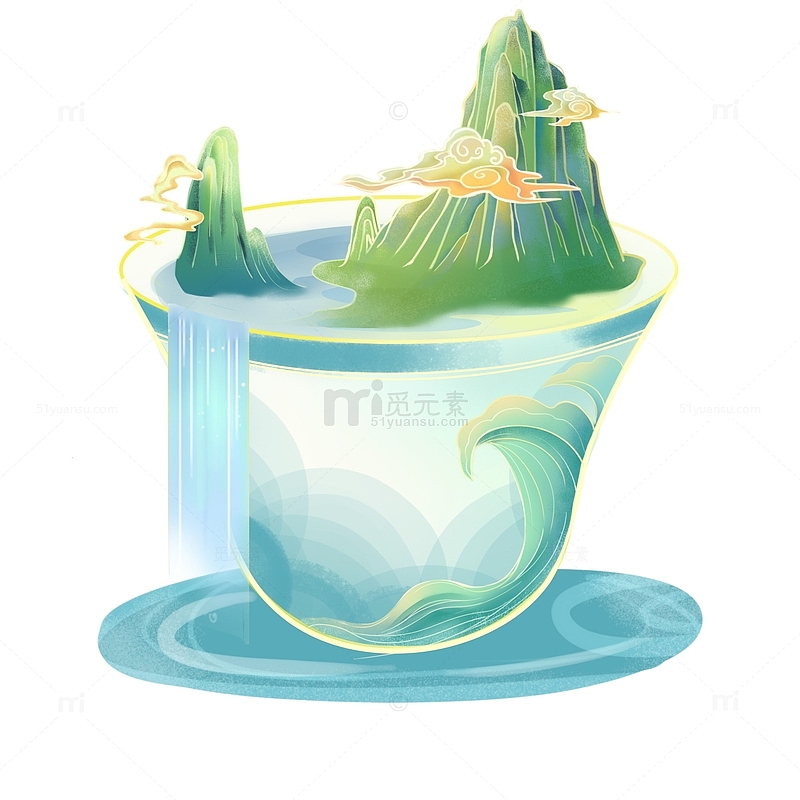 绿色国潮风茶杯山水插画元素