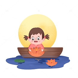 手绘中元节女孩在湖边放花灯