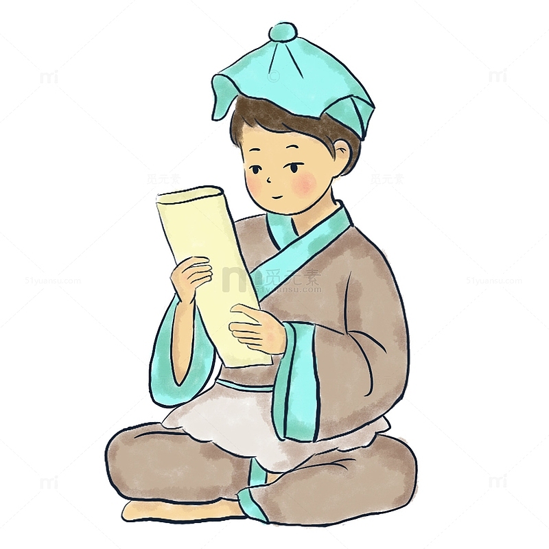 古代学生书童读书开学学习古装手绘