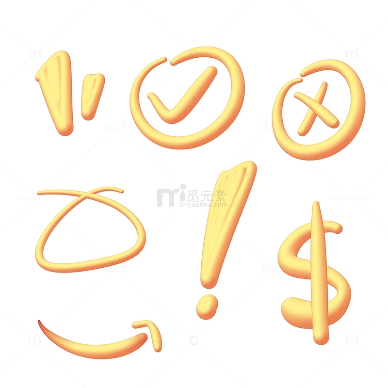 3D黄色手绘涂鸦字符号感叹号金币元素