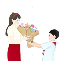 红色商插风教师节师生送花手绘元素