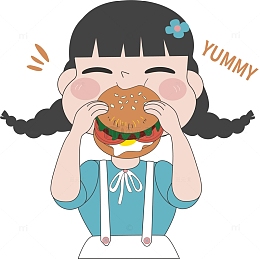 淡黄卡通形象吃汉堡的女孩矢量图