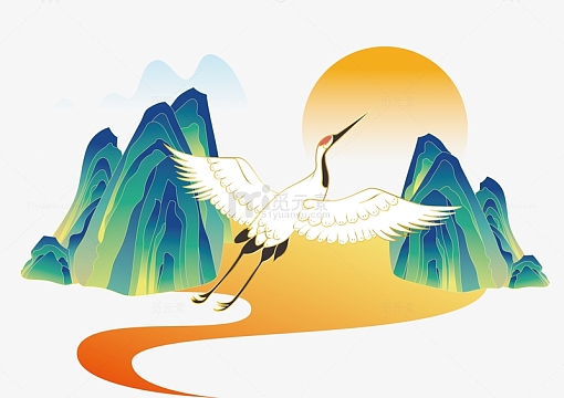国潮渐变山水仙鹤矢量插画