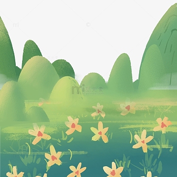 绿色春天郊游踏青绿水青山手绘图(2048x2048)psdpng橙色卡通秋天郊外