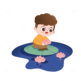 中元节男孩蹲在水边放花灯