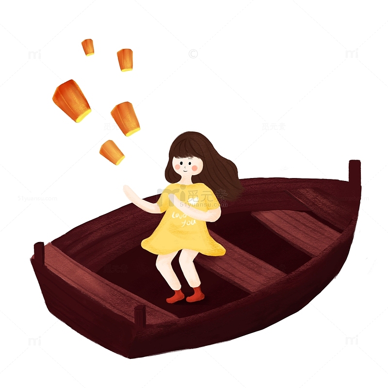 温暖清新中元节坐船小女孩放孔明灯手绘图