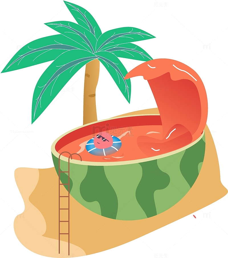 夏日沙滩西瓜泳池派对椰子树插画
