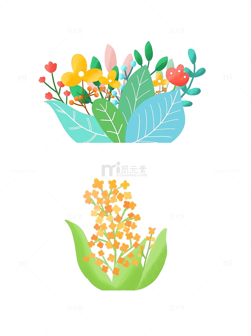 小清新花丛花朵叶子植物装饰元素手绘图