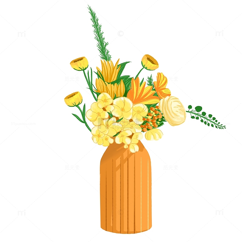 暖黄色小清新温暖花卉插花手绘图