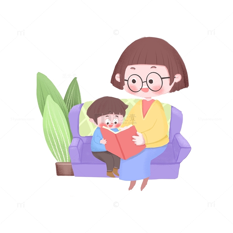 手绘卡通妈妈陪伴孩子看书