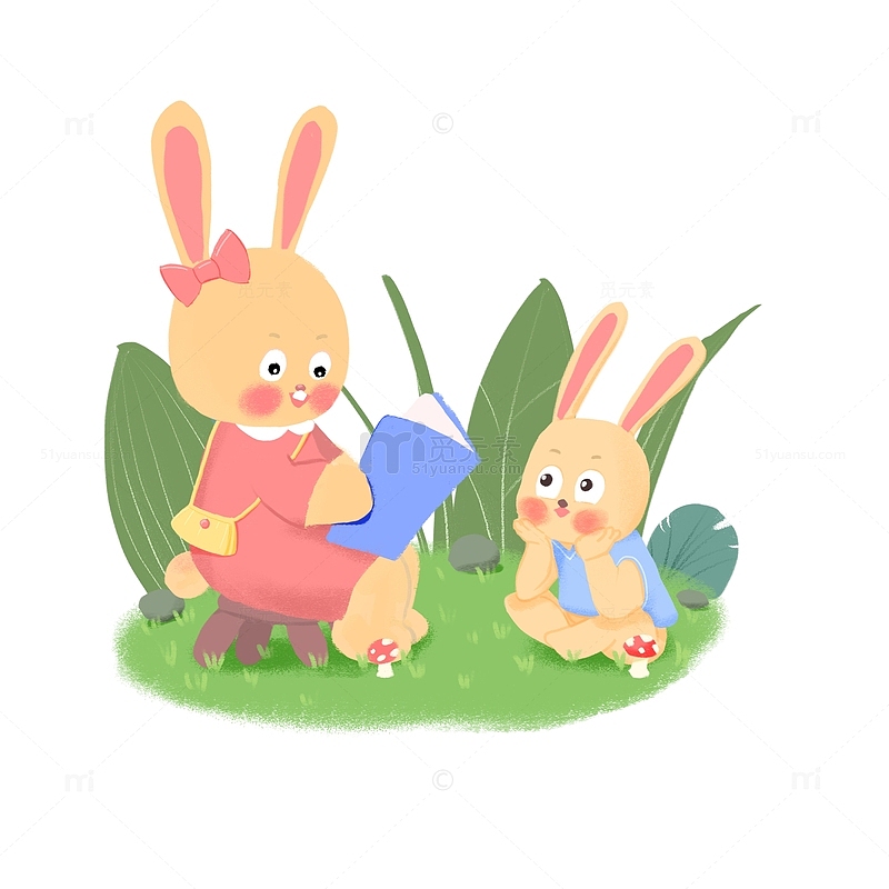 手绘卡通小动物兔子读书会听故事讲故事