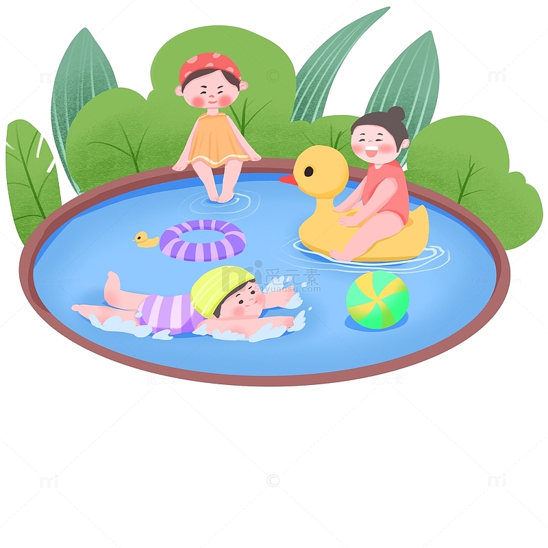 手绘卡通暑假玩耍泳池玩乐