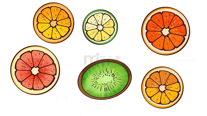 橙色卡通柠檬猕猴桃水果片夏天手绘元素