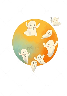 黄色手绘风中元节可爱小幽灵手绘图