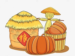 秋天丰收场景粮仓与谷物插画