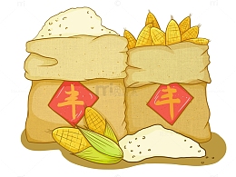 秋天丰收米袋与谷物插画