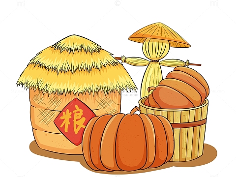 秋天丰收场景粮仓与谷物插画