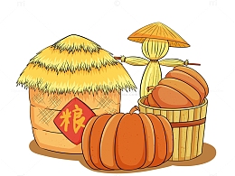 秋天丰收场景粮仓与谷物插画