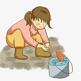 农村喂鱼可爱卡通女孩桶子插画
