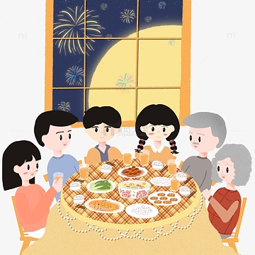 手绘扁平风中秋节团聚家族聚餐烟花月亮插画