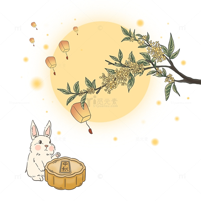 黄色古风可爱中秋节兔子手绘元素
