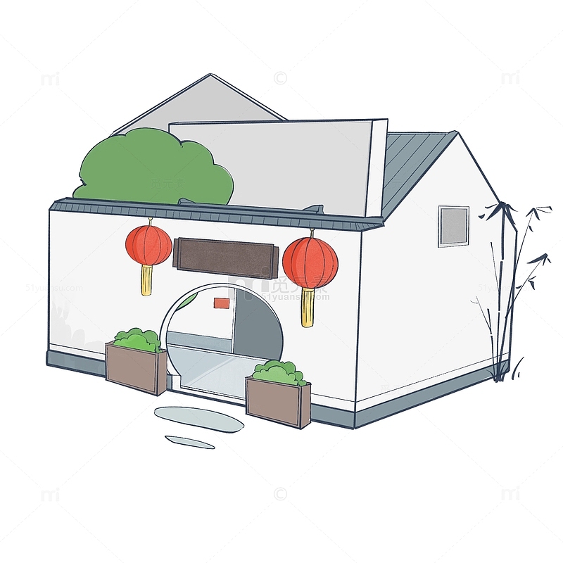 灰色小清新中国风建筑房子竹子手绘图