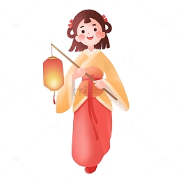 黄色红色女孩提灯笼中元节祈福手绘图