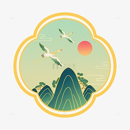 手绘国潮中式飞鹤山脉风景插画素材