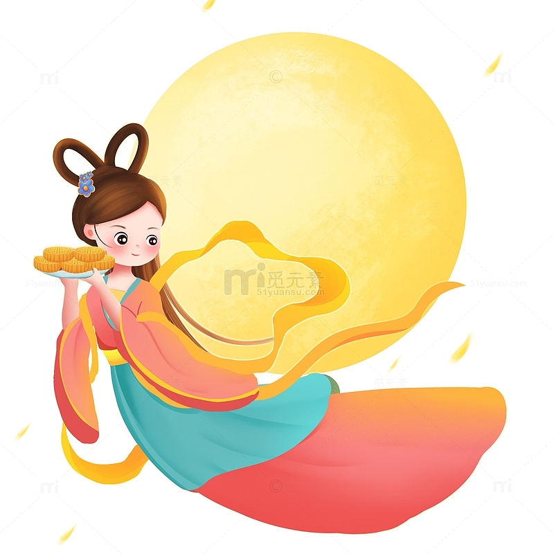 国潮风中秋节嫦娥拿着月饼元素