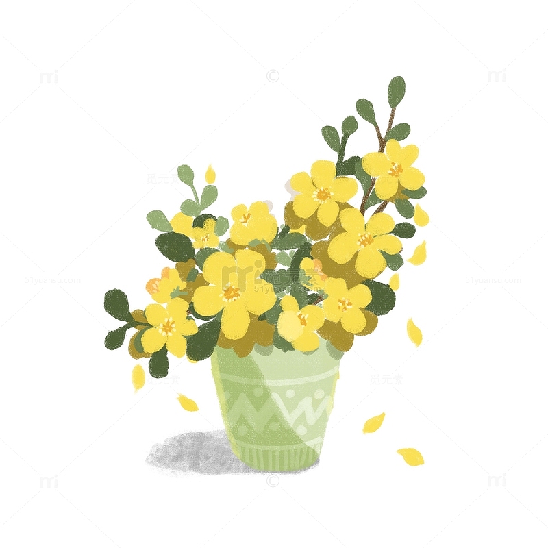 手绘黄色小花盆栽蜡笔画