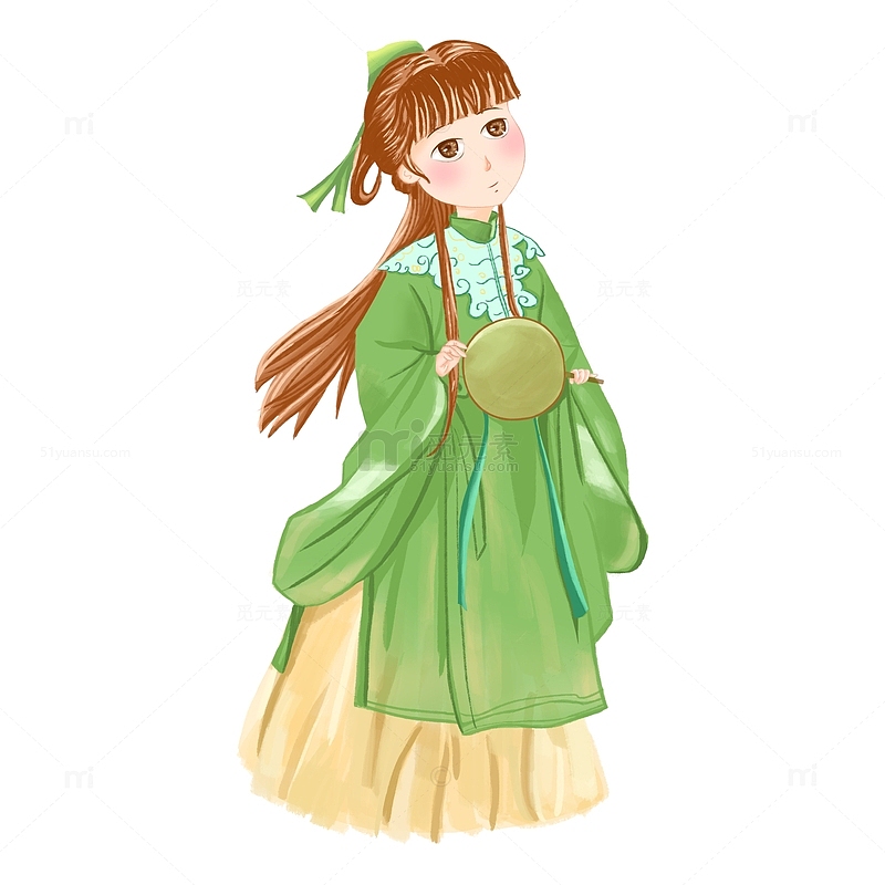 绿色清新可爱国风古装女孩手绘图