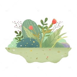 手绘扁平风小清新草地花丛植物矮灌木丛场景