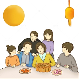 月亮灯笼团圆夜中秋一家人月饼点心手绘元素