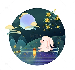 创意国潮手绘中秋节桂花灯笼兔子赏月素材